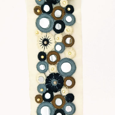 Gold Sheer Tissue Fabric Trim With Grey And Black Circles and Floral Embroidery With Mirror Embellishments, Indian Mirrored Trim